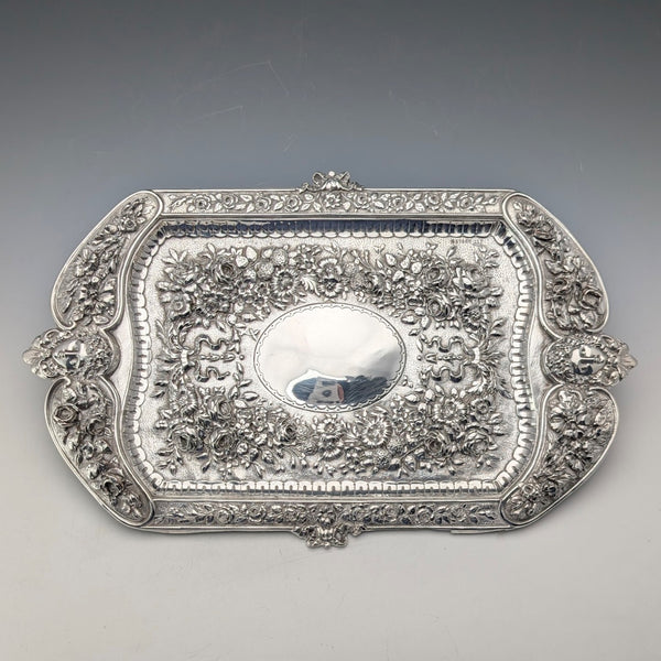 Mid-Victorian British antique silver plate relief carved square dressing table tray
